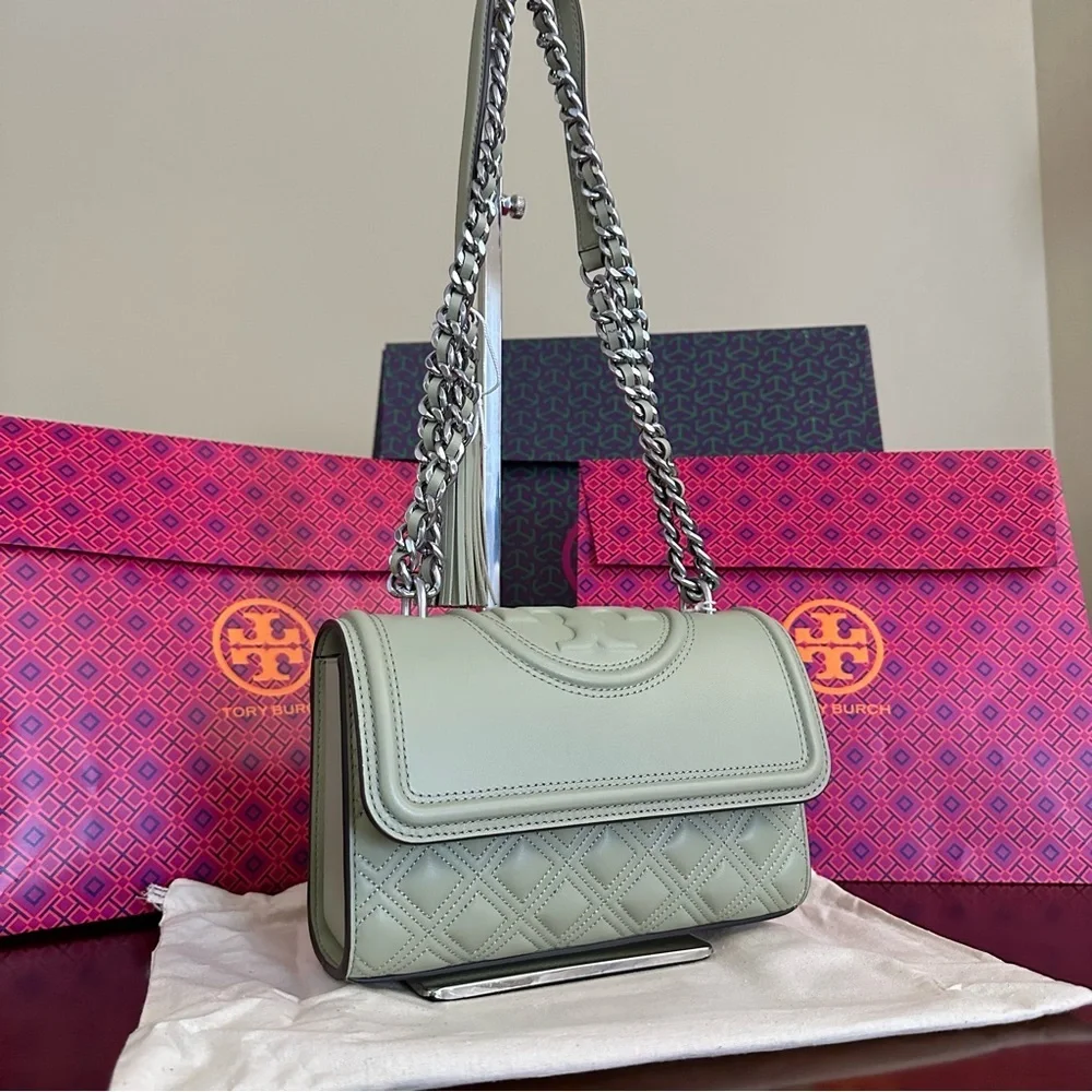 Tory Burch Olive Green Quilted Leather Shoulder Bag with Chain Strap